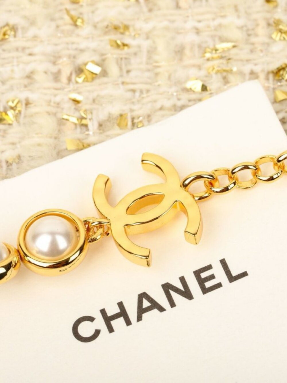 Chanel Gold-Tone Bezel-Set Pearl CC Station Necklace